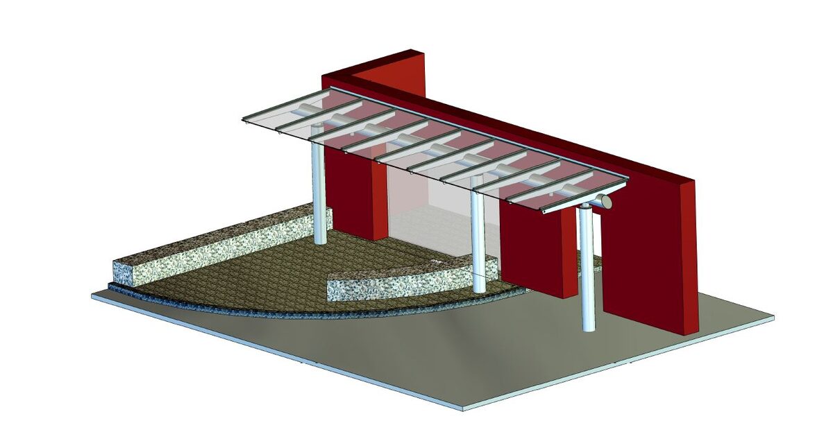 3D-Konstruktion einer Terrassenüberdachung mit Sichtschutzwand