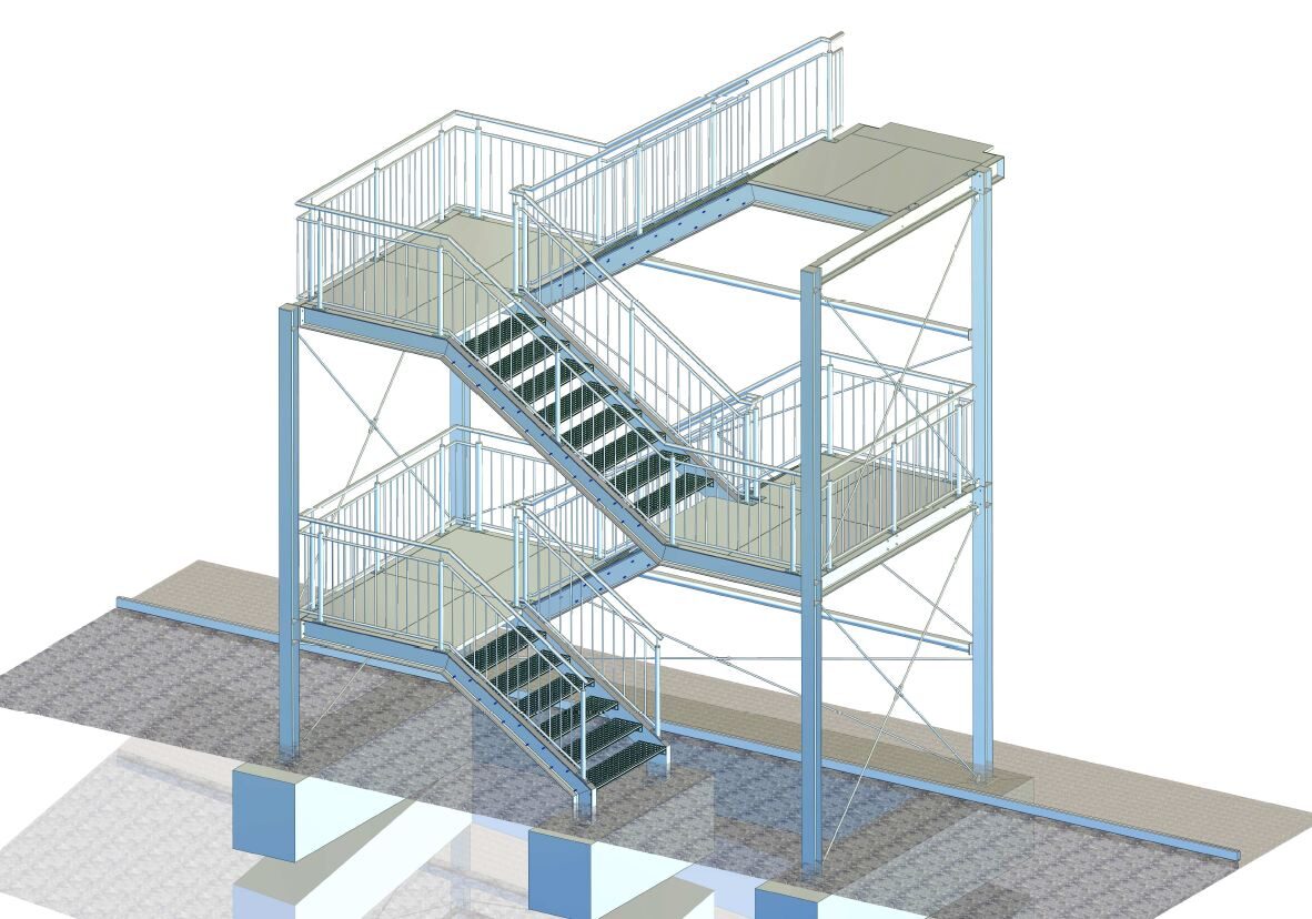 3D-Konstruktion einer Fluchttreppe mit Podesten