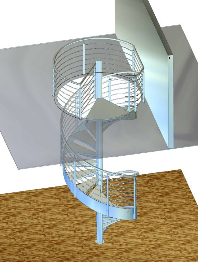 3D-Konstruktion einer Spindeltreppe mit Edelstahlgeländer